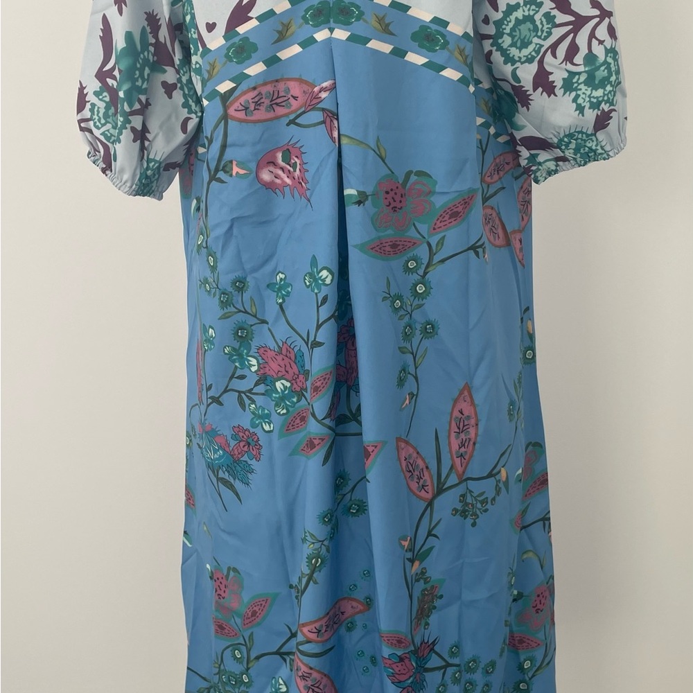 MISSLOOK Blue Floral Dress with Rose, purple & Green Details